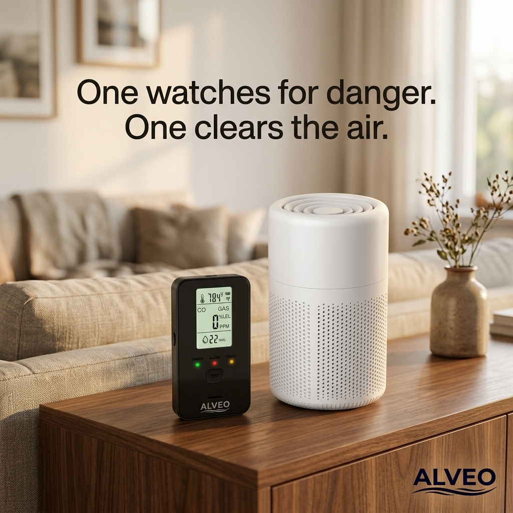 Alveo gas detector and air purifier together — one watches for danger, one clears the air