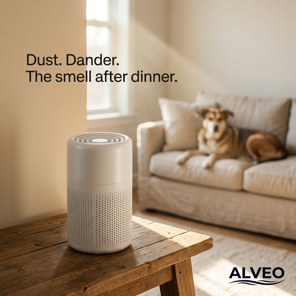 Alveo Air Purifier in a living room — dust, dander, and the smell after dinner