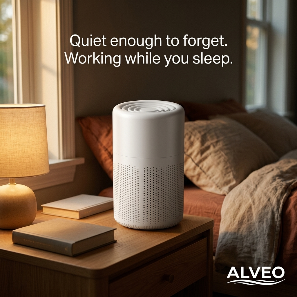 Alveo Air Purifier on a nightstand — quiet enough to sleep beside