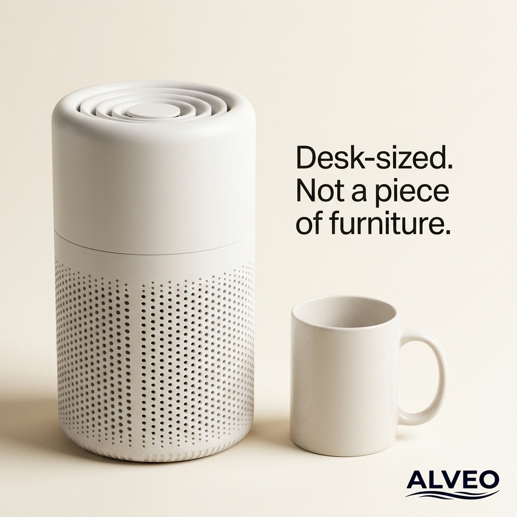 Alveo Air Purifier beside a coffee mug — compact desktop size